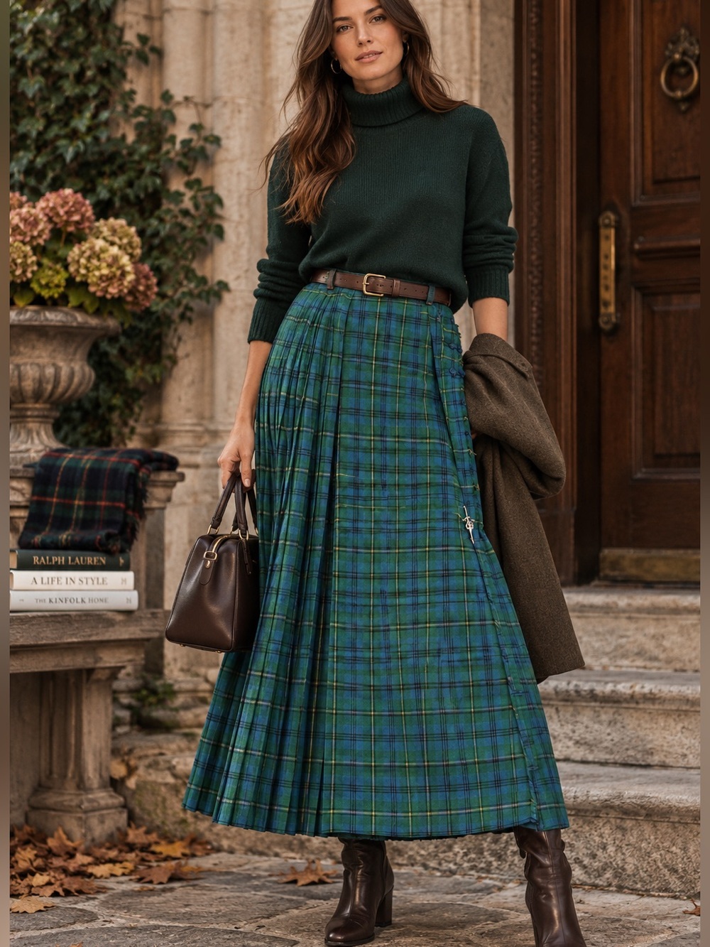 Vintage AlJean Tartan Wool Kilt Maxi Skirt Green Blue Size 14 Scottish Academia